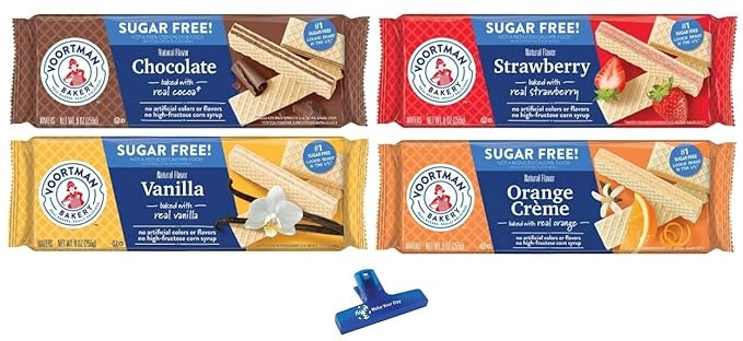 Voortman Bakery Sugar Free Wafers Bundle with Chocolate, Vanilla, Strawberry, Orange Creme, 9 Ounce (Pack of 4), and Make Your Day Bag Clip