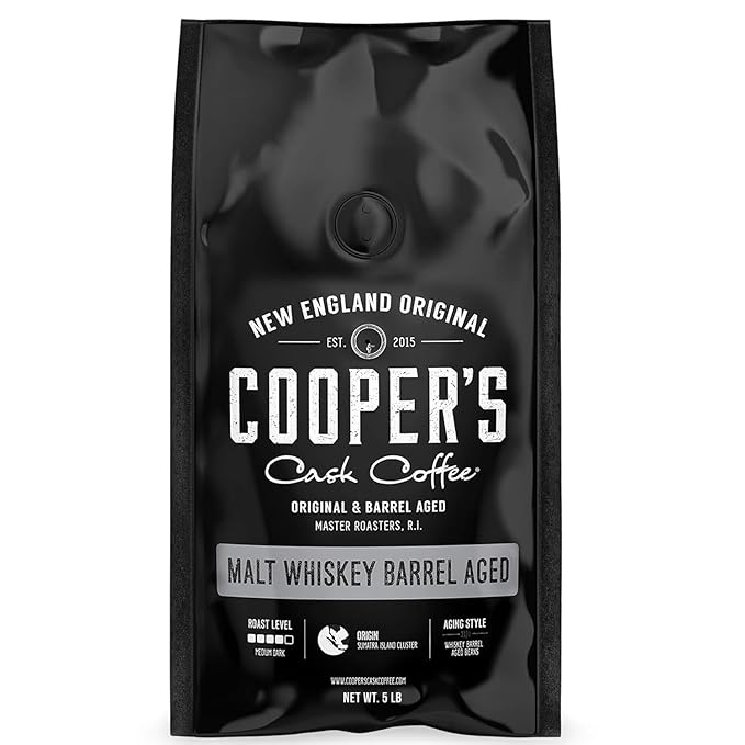 Single-Malt Whiskey Barrel Aged Coffee - Medium Dark Roast - Single Origin Sumatra Coffee Beans Aged in Stout Whiskey Barrels - 5lb Bags, Whole Bean
