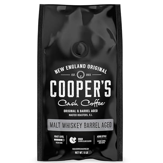 Single-Malt Whiskey Barrel Aged Coffee - Medium Dark Roast - Single Origin Sumatra Coffee Beans Aged in Stout Whiskey Barrels - 5lb Bags, Whole Bean