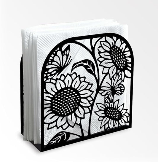 Sunflower and Butterfly Decorative Black Metal Napkin Holder for Table, 4.9" x 4.9" x 1.9" Standing Napkin Holder for Home Kitchen Restaurant Picnic Party Coffee Bar Dining Room