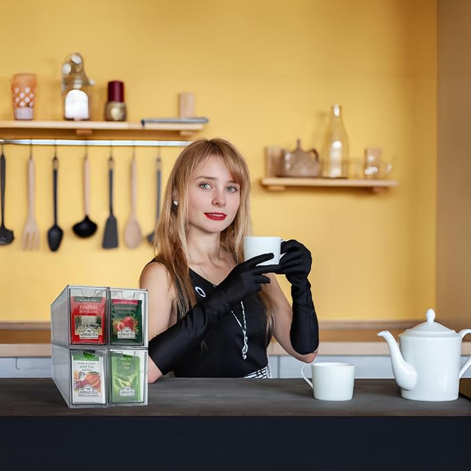 4-Pack Tea Bag Drawers Organizer - 4 Clear Plastic Drawer Tea Bag Holder; Stackable & Portable; Wider Size; Well-Organized Storage for Tea Bags & Kitchen Essentials