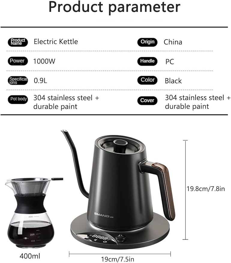 Electric Kettles Gooseneck Electric Kettle with 1°F Precision Temp Control Fast Boiling Pour Over Coffee & Tea Kettle, 304 Stainless Steel, BPA-Free, 0.9 Liter, Black(Kettle + Pour Over Coffee Maker)