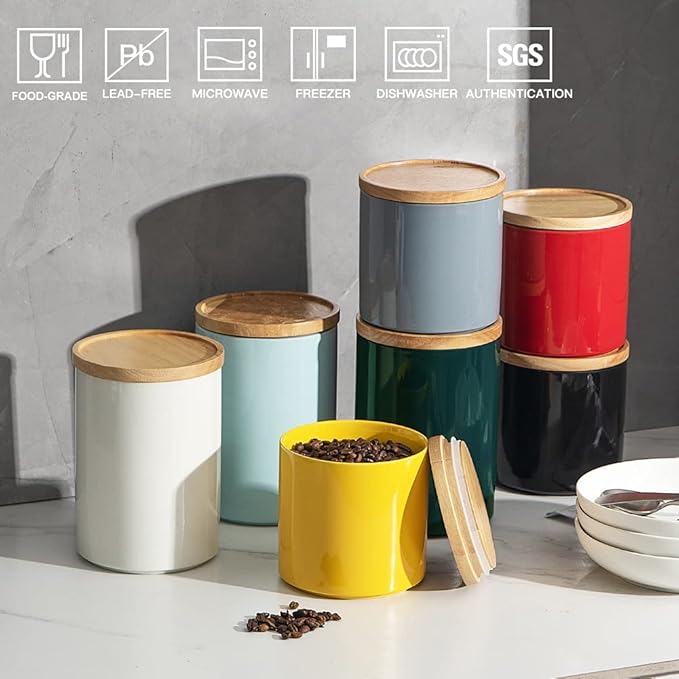 Sweejar Kitchen Canisters Ceramic Food Storage Jar, Stackable Containers with Airtight Seal Wooden Lid for Serving Coffee Bean, Flour, Tea, Cookies and More - 58 Fl Oz (Jade)