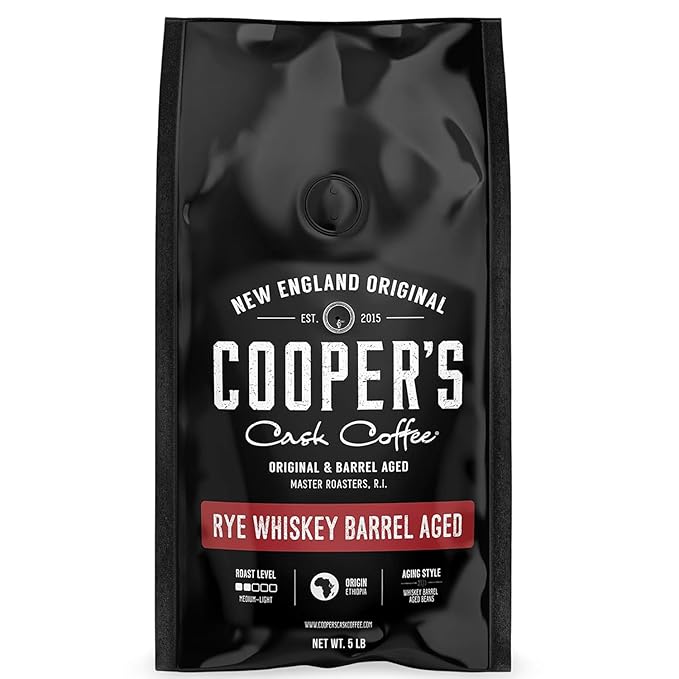 Rye Whiskey Barrel Aged Coffee, Single Origin Ethiopian Coffee Raw Beans Aged in Rye Whiskey Casks, Freshly Roasted, Battle Cry Whiskey, 5lb Bags, Whole Beans