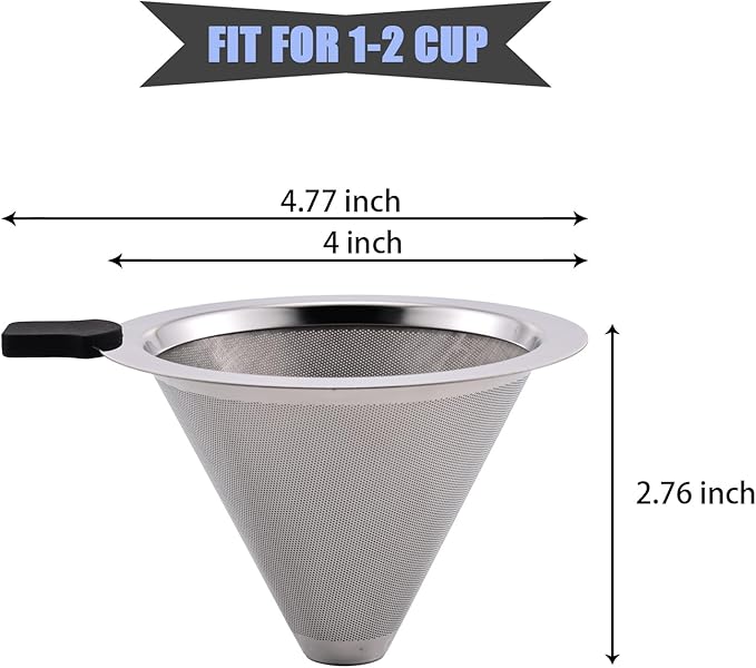 Small Size Pour Over Coffee Filter Dripper, Stainless Steel Metal Cone Drip Coffee Filter, Paperless and Permanently Reusable, Double Mesh Coffee,Tea Filter for 1-2 Cups