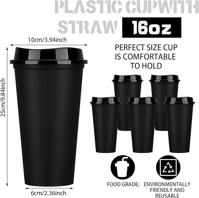 Domensi 30 Pack Reusable Coffee Cups with Lids 16 oz Disposable Travel Cups Bulk Plastic to Go Coffee Tumblers for DIY Hot Cold Drink Party Favors Coworker, Microwaveable (Black)