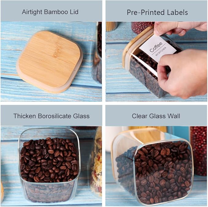 Glass Storage Canister with Wooden Lid, Set of 7 Square Glass Jars with Bamboo Lids, Glass Food Storage Containers for Pasta, Cereal, Flour, Sugar, Best for Kitchen & Pantry