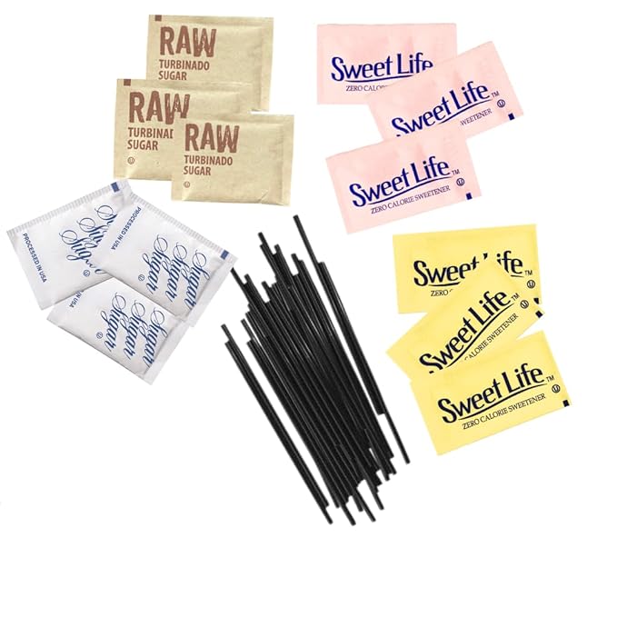 Happy Little Heart Sugar & Sweetener Assortment Packets - Sucralose, Saccharin, Brown Sugar, Pure Cane Sugar & HLH Sip and Stir Coffee Stirrers (400 Pack) - Perfect for Home, Office, Coffee Shops, Bars & Gifts!"