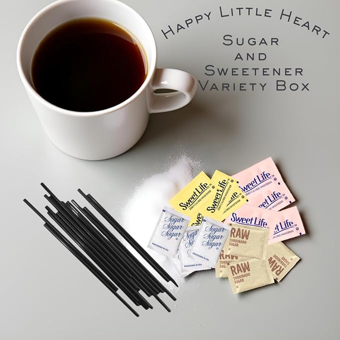 Happy Little Heart Sugar & Sweetener Assortment Packets - Sucralose, Saccharin, Brown Sugar, Pure Cane Sugar & HLH Sip and Stir Coffee Stirrers (400 Pack) - Perfect for Home, Office, Coffee Shops, Bars & Gifts!"