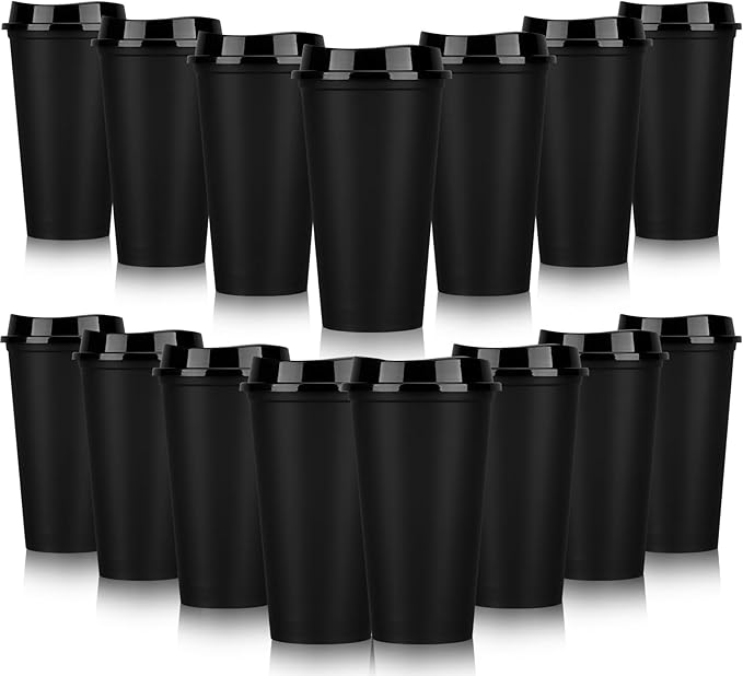 Domensi 15 Pack Reusable Coffee Cups with Lids 16 oz Disposable Travel Cups Bulk Plastic to Go Coffee Tumblers for DIY Hot Cold Drink Party Favors Coworker, Microwaveable (Black)
