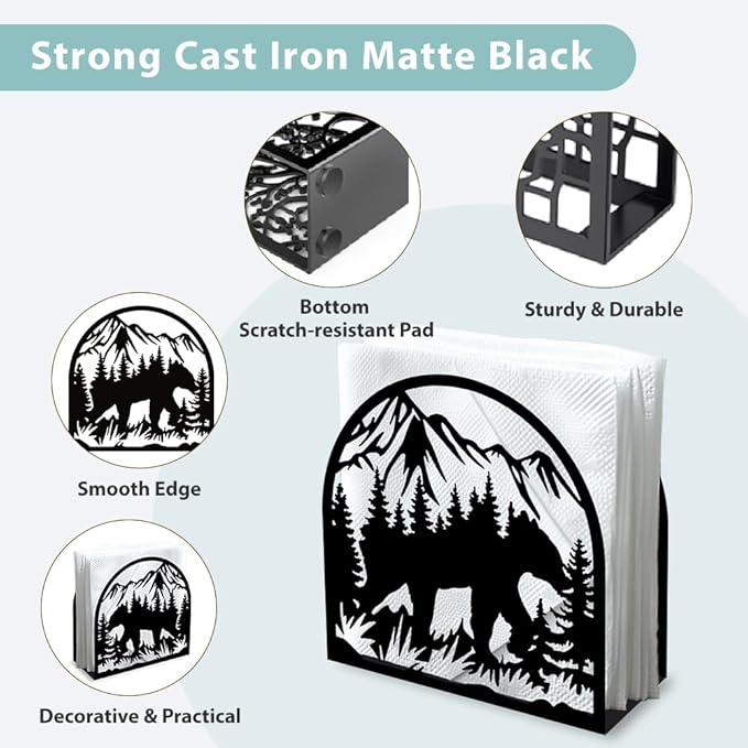 Forest Animals Mountain Decorative Black Metal Napkin Holder for Table, 4.9" x 4.9" x 1.9" Bear Standing Napkin Holder for Home Kitchen Restaurant Picnic Party Coffee Bar Dining Room