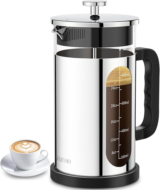 French Press Coffee Maker, 304 Stainless Steel Cold Brew Coffee Maker with 4 Filter, Heat Resistant Borosilicate Glass, Easy to Clean, BPA Free Iced Coffee Maker Rust-Free Coffee Press, 34ounce,Silver