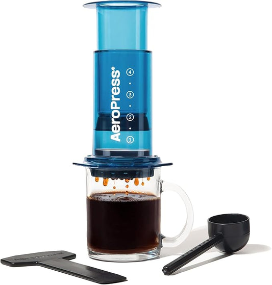 AeroPress Clear Blue Coffee Press - All-in-One French Press, Pour-Over & Espresso Style Manual Brewer, 2 Min Brew for Less Bitterness, More Flavor, Small Portable Coffee Maker, Travel & Camping
