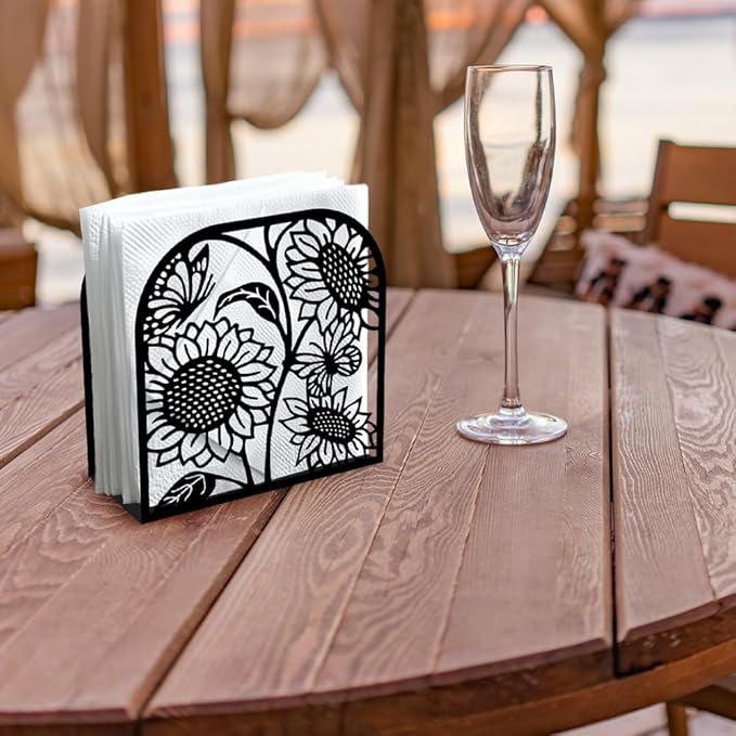 Sunflower and Butterfly Decorative Black Metal Napkin Holder for Table, 4.9" x 4.9" x 1.9" Standing Napkin Holder for Home Kitchen Restaurant Picnic Party Coffee Bar Dining Room