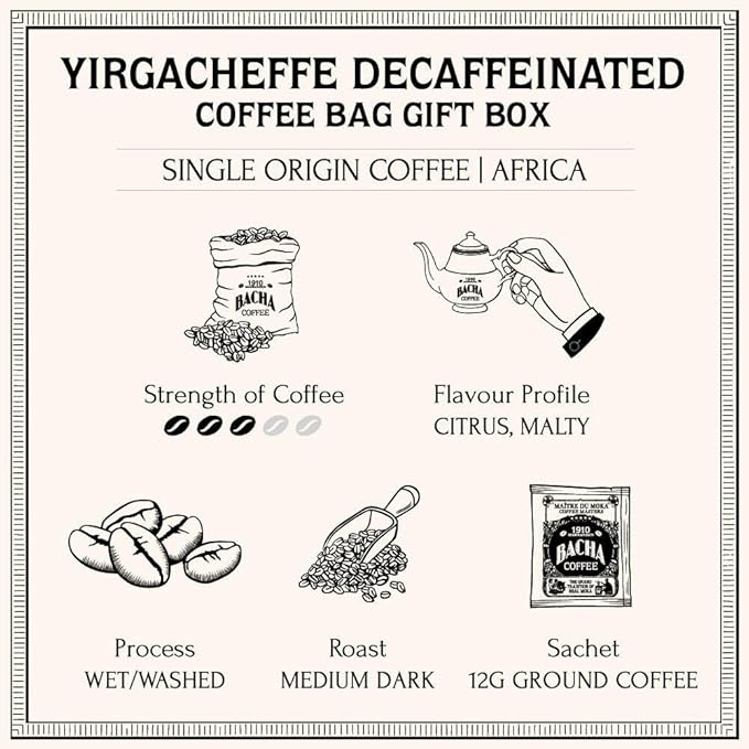 Bacha Coffee | Yirgacheffe Decaffeinated Ethiopia Single Origin, 100% Arabica Specialty Coffee Beans, Medium Dark Roast, x12 Individually Wrapped Single Serve Filter Bags