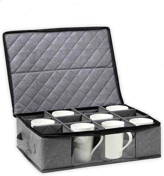 Boczif Coffee Cup Storage Box, Storage Containers Holds 12 Glassware, Coffee Mugs and Tea Cups, Padded Dinnerware Case with Dividers, Handles, Zipper & Lid, Stackable Holders for Plate, Cup, Flatware