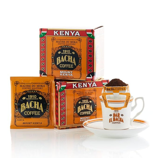 Bacha Coffee | Mount Kenya Single Origin, 100% Arabica Specialty Coffee Beans, Medium Dark Roast, x12 Individually Wrapped Single Serve Filter Bags