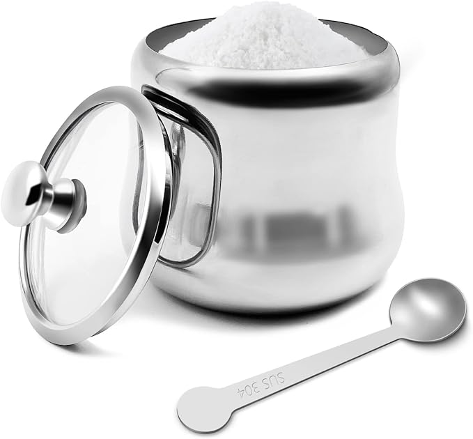 300ml Stainless Steel Sugar Bowl with Lid and Spoon 10 OZ Coffee Seasoning Jar Condiment Pot Spice Container Canister Cruet with Lid and Spoon (Style B)