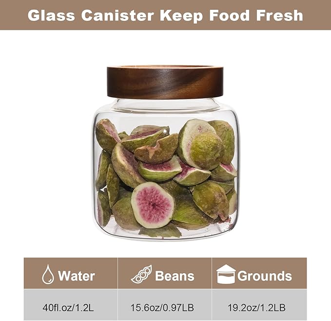 Glass Coffee Jars Spice Jar Round Storage Canister with Wooden Lid Clear Glass Food Jar for Pantry Sugar Tea Coffee Bean Spice Nuts Cookies Bath Salts (1200ml/40oz-1 Pack)