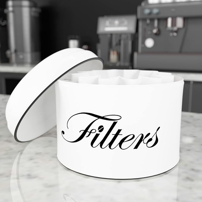 Coffee Filter Holder, White Basket Coffee Filter Storage with Lid, Round Coffee Filter Container for Counter, Rustic Farmhouse Coffee Bar Accessories Decor (White)