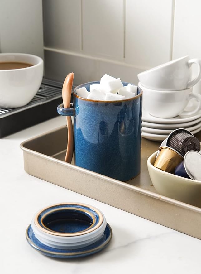 LE TAUCI Sugar Bowl with Lid and Spoon, Ceramic Salt Container, Small Sugar Jar for Kitchen, Coffee bar, Countertop - 12 oz, Set of 2, Ceylon Blue