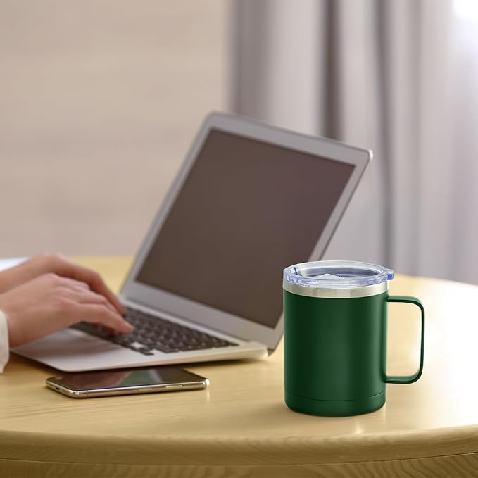 MEWAY 12oz Coffee Mug With Handle and Sliding Lid,Stainless Steel Travel Tumbler Cup with Handle,Double Wall Vacuum Insulated Camping Cup for Hot & Cold Drinks Tea (Forest Green,Set of 1)