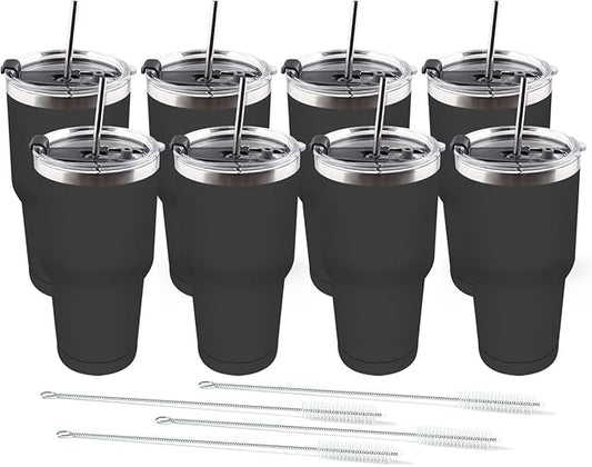 Amtidy 8 Pack 30oz Travel Mug, Powder Coated Stainless Steel Vacuum Double Wall Bulk Tumbler, Durable Insulated Coffe Cup with Splash Proof Lids straw and cleaning brush，for Home, Office, Party