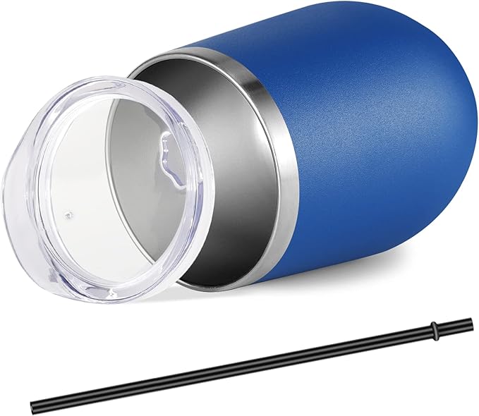 VEGOND 12oz Stainless Steel Wine Tumbler with Lid and Straw, Double Wall Vacuum Insulated Stemless Wine Glass Tumbler Cup, Coffee Mug for Cold Hot Drinks