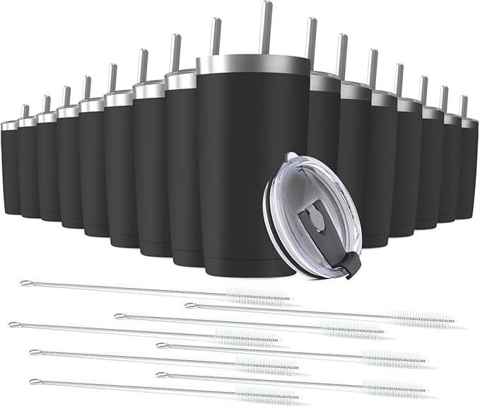 16 pack 20 oz Stainless Steel Insulated Tumbler with Straw and Lid, Double Wall Travel Coffee Mug Vacuum Insulated Bulk Tumbler, Suitable for Vehicle Cup Holders （Black）