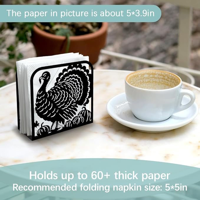 Turkey Decorative Black Metal Napkin Holder for Table, 4.9" x 4.9" x 1.9" Standing Napkin Holder for Home Kitchen Restaurant Picnic Party Coffee Bar Dining Room