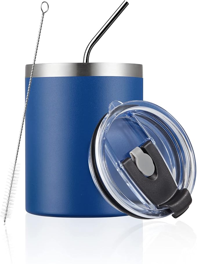 MEWAY 12 oz Lowball, Tumbler Stainless Steel Double Wall Vacuum Insulated Mug with Straw and Lid, Cleaning Brush ，Durable Powder Coated Insulated Coffee Cup for Cold & Hot Drinks (Navy,1 Pack)