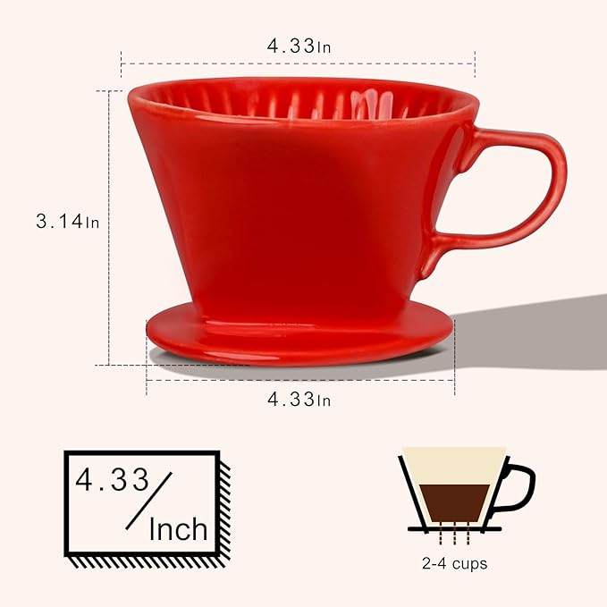 Handmade Pour Over Ceramic Coffee Dripper - Authentic Brewing Experience for Camping, Office, and Home (Red)