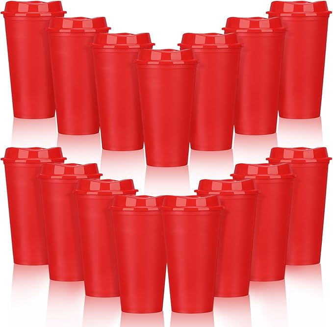 Domensi 15 Pack Reusable Coffee Cups with Lids 16 oz Disposable Travel Cups Bulk Plastic to Go Coffee Tumblers for DIY Hot Cold Drink Party Favors Coworker, Microwaveable (Red)