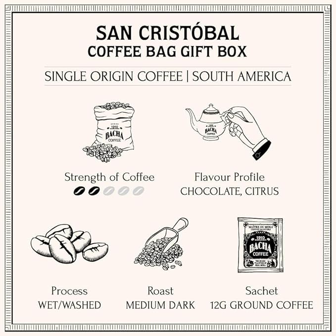 Bacha Coffee | San Cristóbal Ecuador Single Origin, 100% Arabica Specialty Coffee Beans, Medium Dark Roast, x12 Individually Wrapped Single Serve Filter Bags