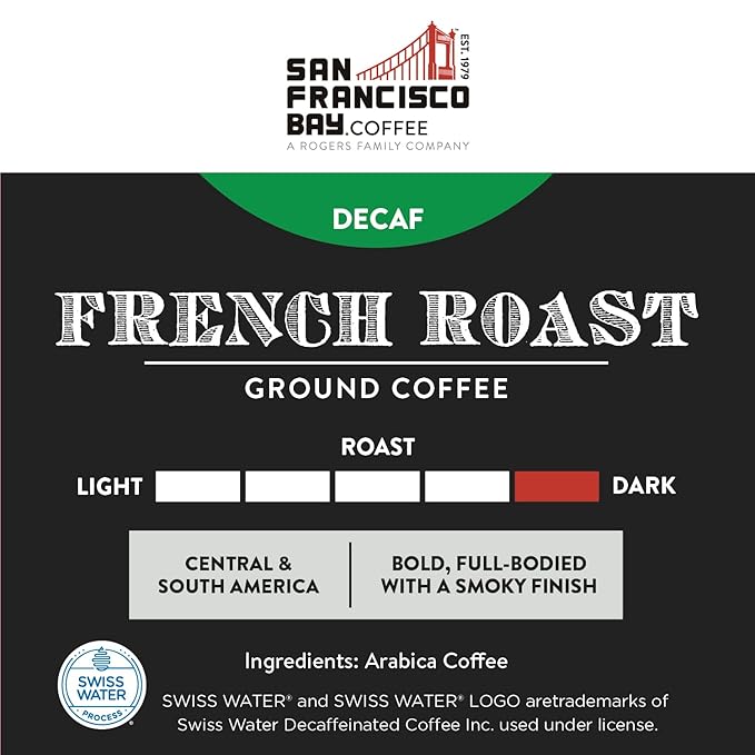 San Francisco Bay Coffee Coffee DECAF French Roast Ground Coffee, 28 oz Bag, Dark Roast, Swiss Water Process Decaffeinated