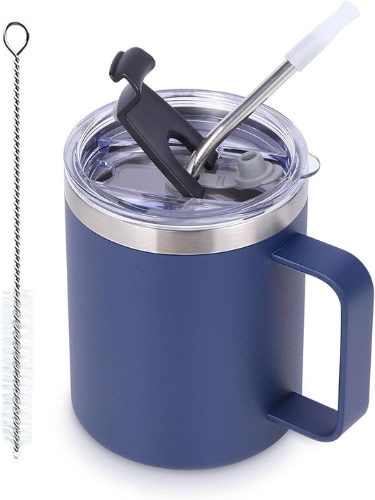 Volhoply 12oz Insulated Leakproof Coffee Mug with Flip & Straw Lid,Double Wall Vacuum Stainless Steel Travel Cafe Tumbler Cup with Handle,Reusable Camping Mugs Keep Cold/Hot(Navy,1 Set)