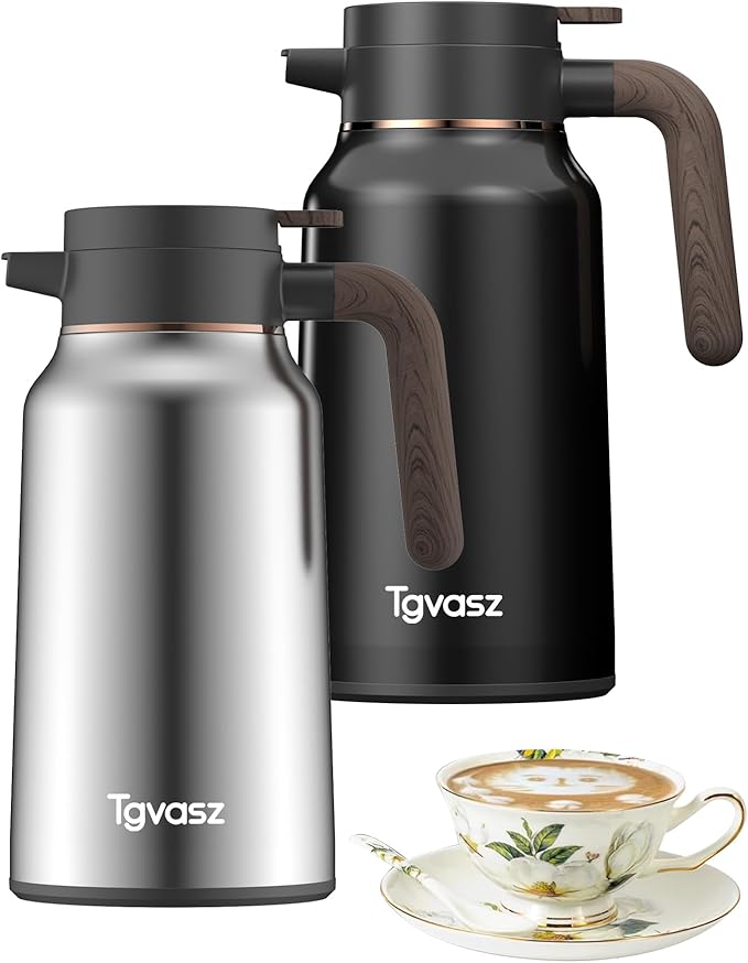 2 PCS Thermal Coffee Carafe 70 oz - 36 Hour Stainless Steel Carafes for Hot Liquids-Insulated Coffee Carafes For Keeping Hot/Cold Coffee, Tea, (Black+Silver)