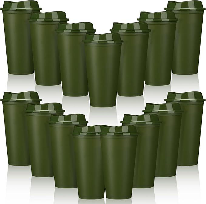 Domensi 15 Pack Reusable Coffee Cups with Lids 16 oz Disposable Travel Cups Bulk Plastic to Go Coffee Tumblers for DIY Hot Cold Drink Party Favors Coworker, Microwaveable (Army Green)