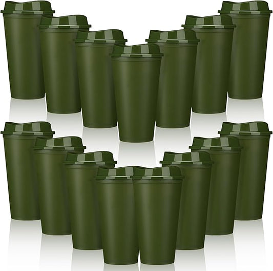 Domensi 15 Pack Reusable Coffee Cups with Lids 16 oz Disposable Travel Cups Bulk Plastic to Go Coffee Tumblers for DIY Hot Cold Drink Party Favors Coworker, Microwaveable (Army Green)