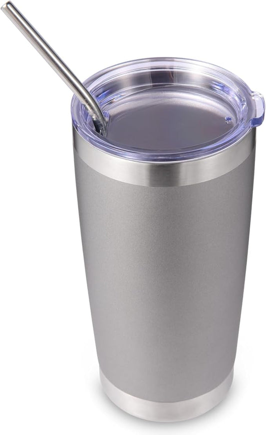 Volhoply 20oz Stainless Steel Tumbler with Lid and Straw,Double Wall Insulated Travel Iced Coffee Mug Fits Car Cup holder,Powder Coated Cups for Hot and Cold Drinks,Gifts for Women Men（Gray,1 Set）