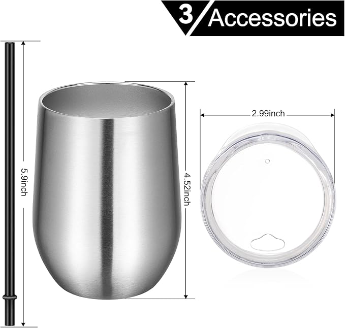 VEGOND Wine Tumblers Bulk 6 Pack, 12oz Stainless Steel Stemless Wine Glass with Lids and Straws, Double Wall Vacuum Insulated Tumbler Cup, Coffee Mug for Cold Hot Drinks