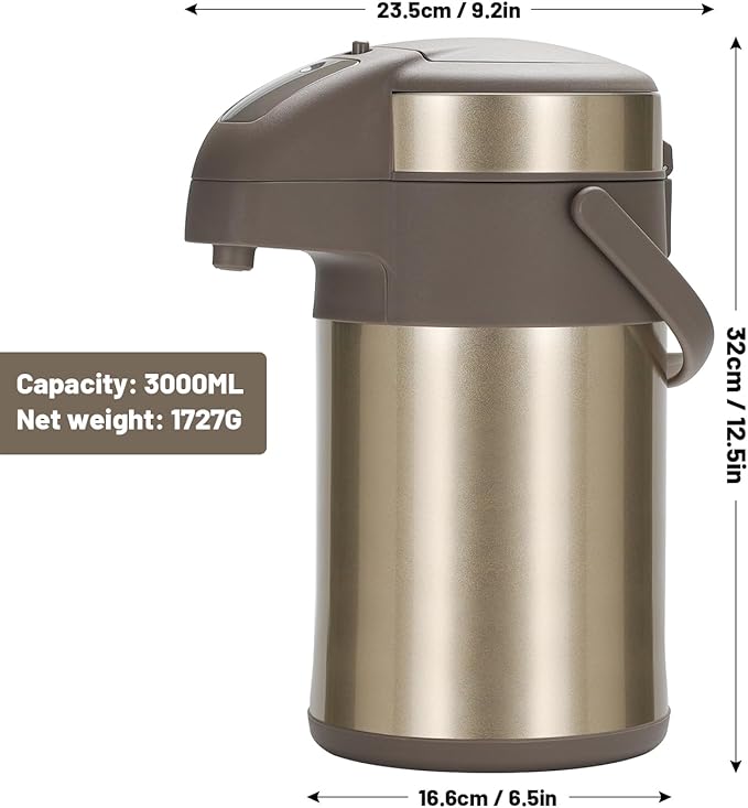 OJOJ 3L/101OZ Thermal Coffee Carafe with Pump, Thermal Beverage Dispenser, Coffee Airpot Stainless Steel Coffee Carafe for Hot Drinks Gold