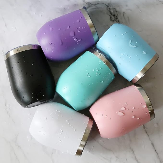 6 Pack 12 oz Stainless Steel Stemless Wine Tumbler with Leakproof Lids, Double Wall Vacuum Insulated Travel Cup Including 6 Straws set,for Coffee, Cocktail, Drink, Tea and Beer (White