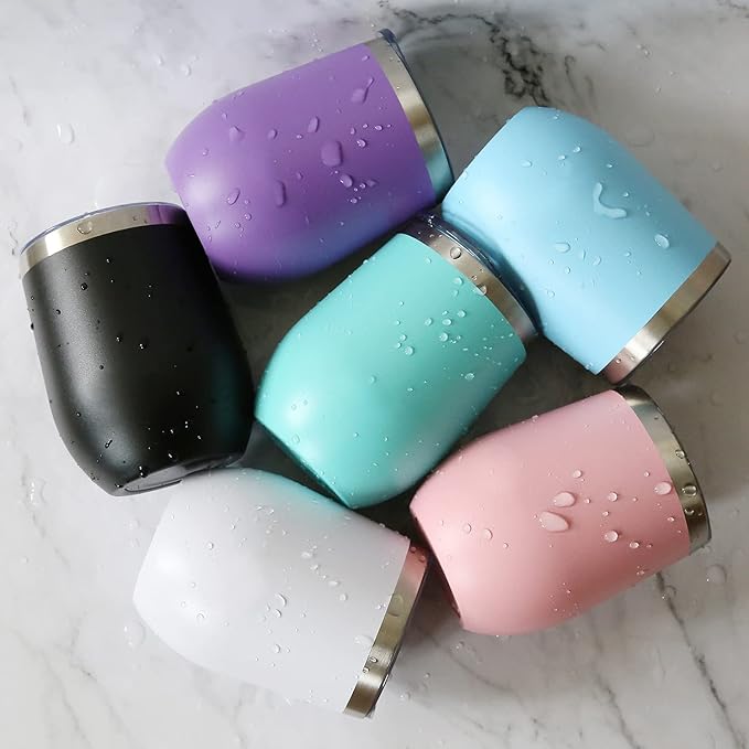 8 Pack 12 oz Stainless Steel Wine Tumbler with Lids, Double Wall Vacuum Insulated Travel Cup Including 8 Straws Set for Coffee, Cocktail, Drink, Tea and Beer (Black)