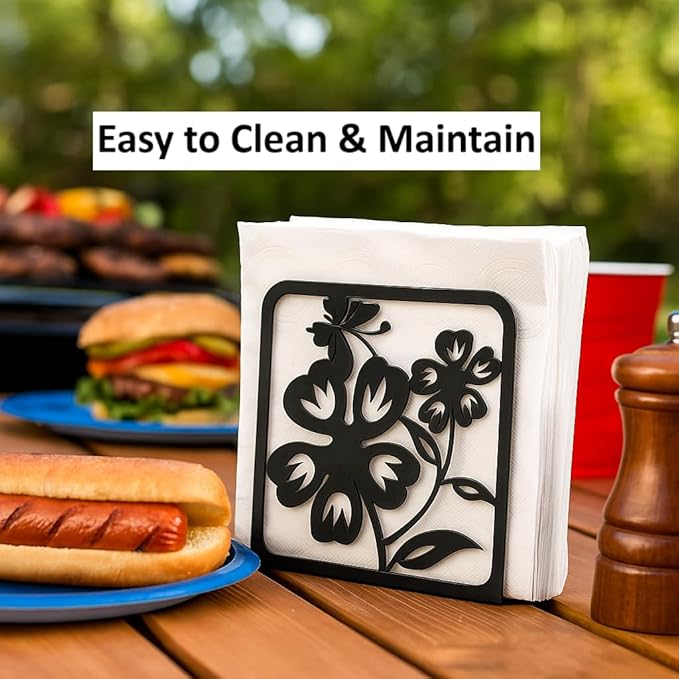 Decorative Napkin Holder for Kitchen & Dining Table – 2 Pack Metal Napkin Holders for Everyday & Cocktail Napkins – Floral & Dog Design – Anti-Scratch Slip-Resistant Paper Napkin Dispenser