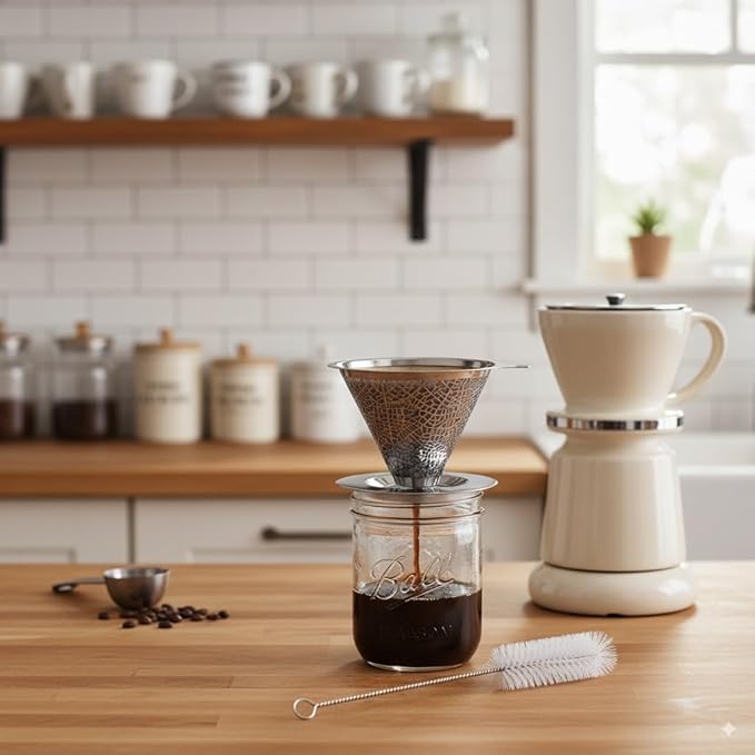 Reusable Stainless Steel Pour Over Drip Coffee Filter for Mason Jars,Fits Wide Mouth & Regular Jars, Manual Brew Coffee Dripper,No Paper Filters Needed,Rustproof,Dishwasher Safe