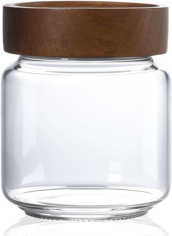 13.5 oz/400 ml Glass Jar with Airtight Wooden Screw Top Lid, Clear Stackable Food Storage Canister, Small Cute Decorative Glass Container for Coffee, Candy, Cookie, Sugar, Oatmeal, Salt, Spice