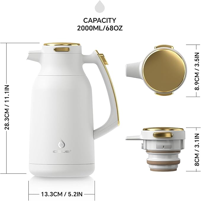 IDEUS Thermal Coffee Carafe 68oz (2,000ml), Stainless Steel Double Wall Insulated Vacuum Flask, Water Jug Coffee Server and Beverage Dispenser, Heat and Cold Retention (White-Gold, 68oz (2,000ml))