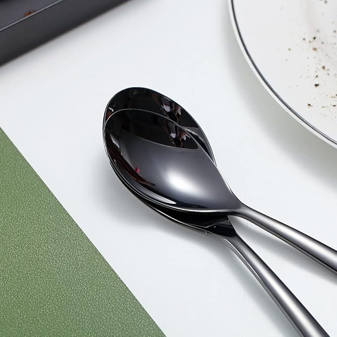 Black Dinner Spoons 6 Piece, 8.1'' Stainless Steel Tablespoons, Soup and Dessert Spoons, Silverware for Home, Kitchen or Restaurant, Dishwasher Safe