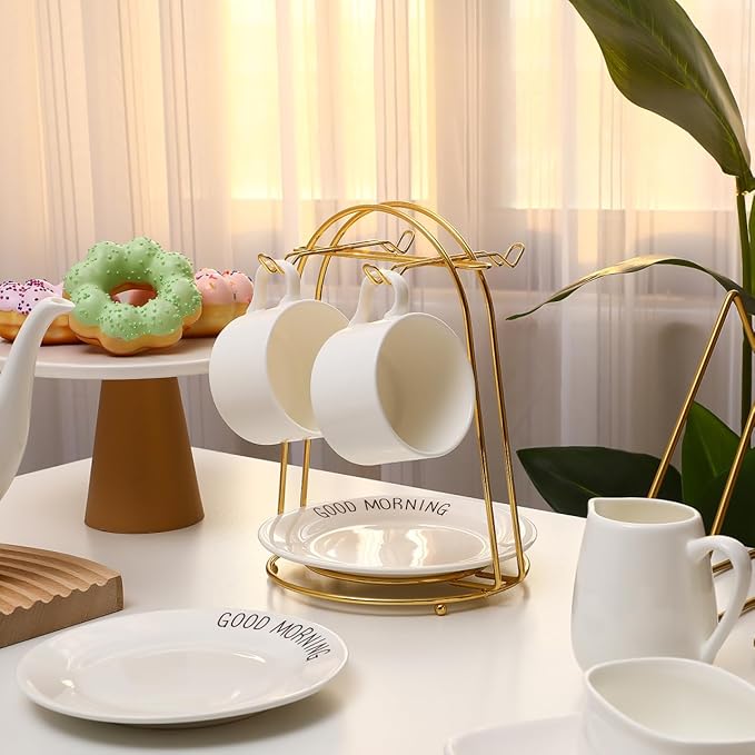 jojofuny Golden Mugs Display Holder Stand with 4 Hook: European Style Coffee Tea Cup Stand for Countertop - Mugs Rack Organizer for Home Bar Accessories